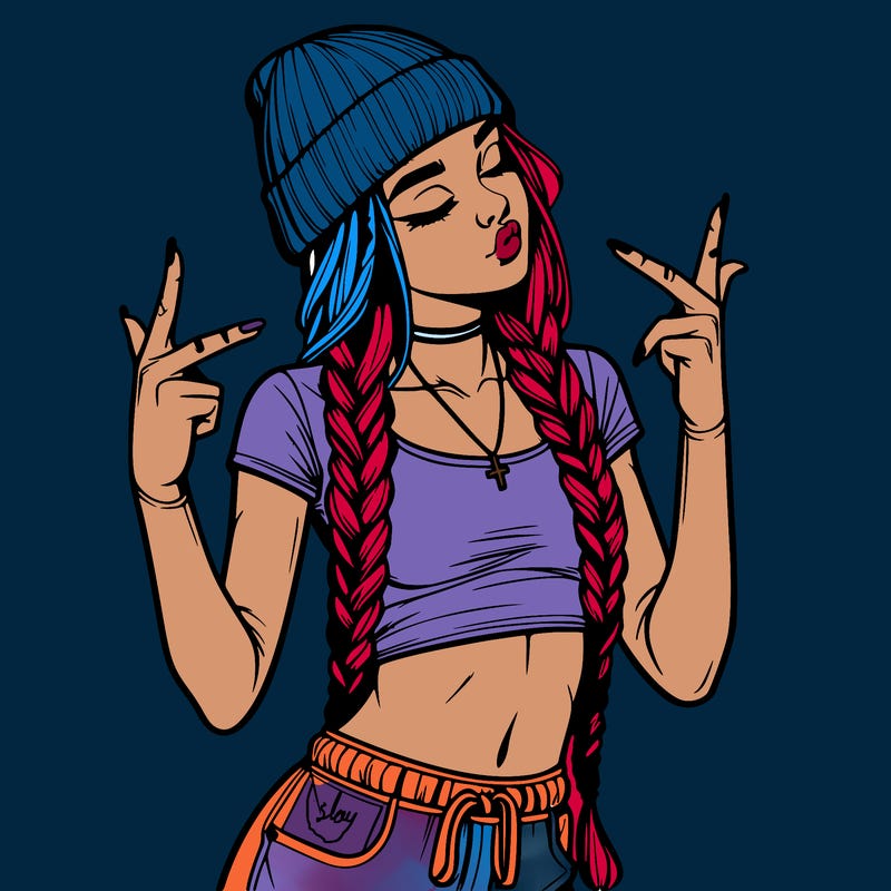 realistic teenage girl with braids and a beanie and crop top doing 🫶🏼