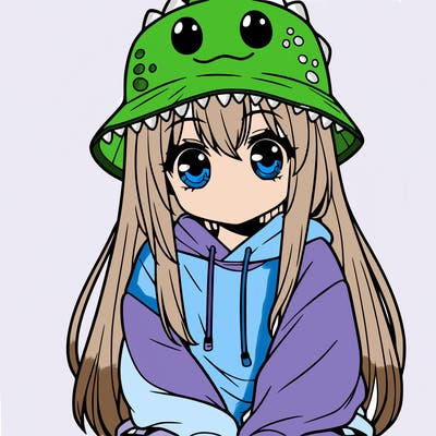 girl with anime shaped eyes with a dinosaur bucket hat oversized sweatshirt long straight hair