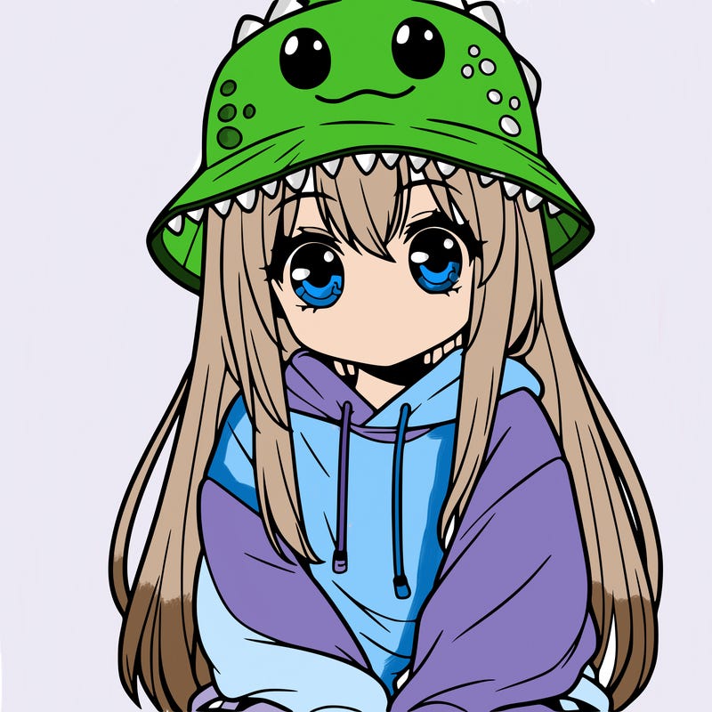 girl with anime shaped eyes with a dinosaur bucket hat oversized sweatshirt long straight hair