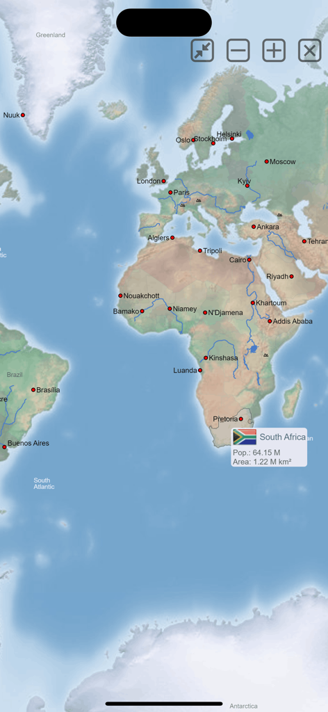 World atlas & world map MxGeo - Interfaz de mapa de la aplicación de atlas mundial MxGeo mostrando estadísticas de Sudáfrica