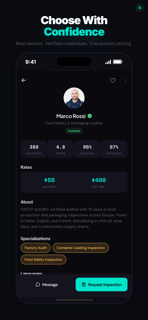 Spektor - A verified profile of a quality control inspector on the Spektor app showing ratings and daily rates