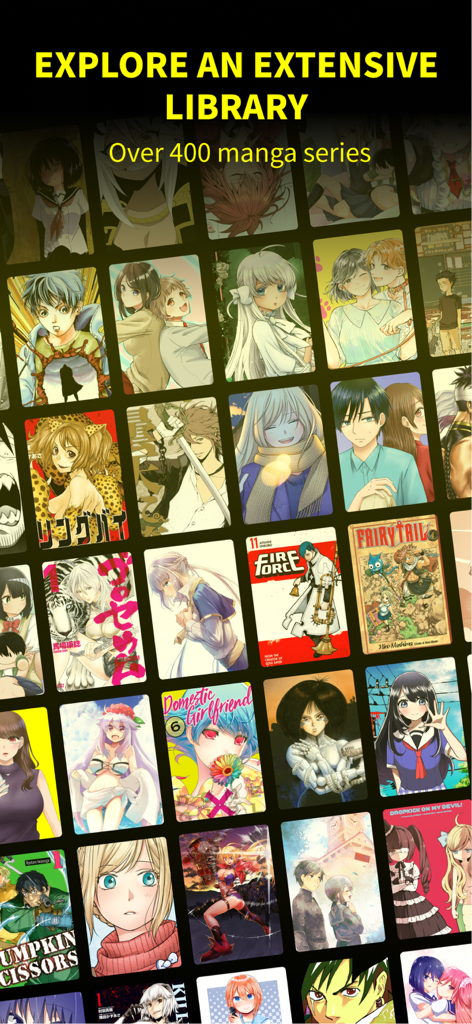 Mangamo Manga Reader & Comics - Eine Gitteransicht, die eine vielfältige Sammlung von über 400 Manga-Serien-Covern in der Mangamo-App zeigt