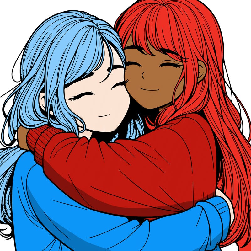 realistic two girls hugging