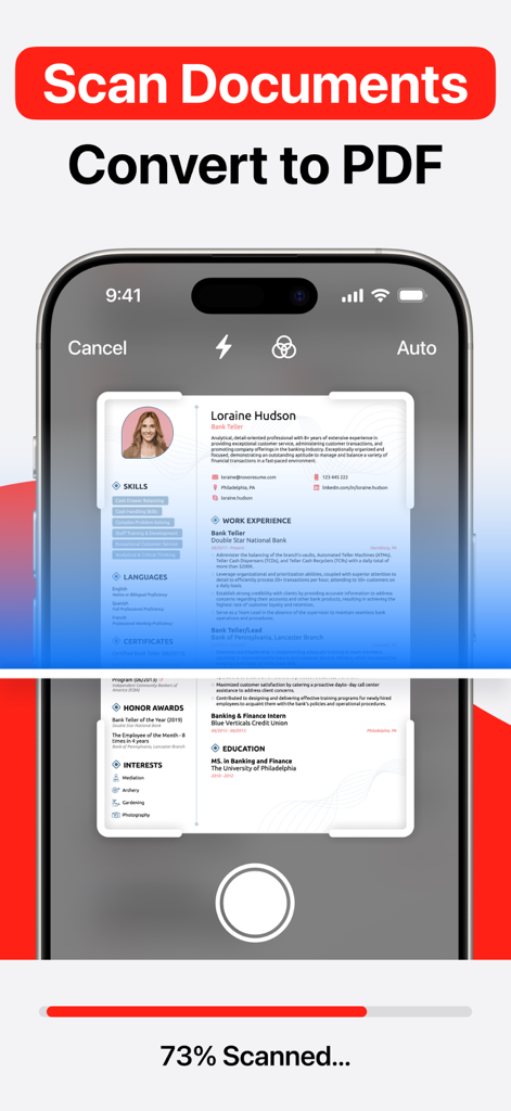 PDF Converter・Convert, Scanner - 紙のドキュメントをスキャンしてデジタルPDFファイルに変換している携帯電話