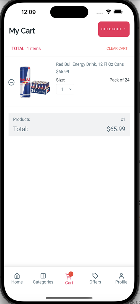 Shopping cart screen showing a wholesale order of energy drinks in the mobile app
