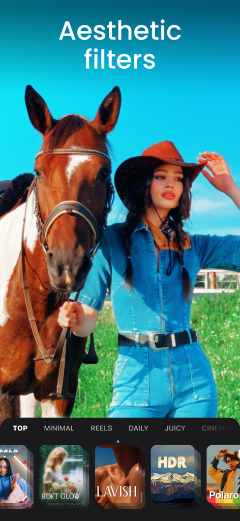 Video Maker & Editor: Dizzi AI - Una pantalla de aplicación móvil para Dizzi AI que muestra varios filtros de video estéticos como Soft Glow y Lavish.