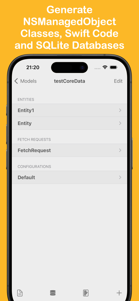 Core Data Manager - Interface de l'application Core Data Manager montrant les entités et les requêtes de récupération pour la modélisation de données mobiles