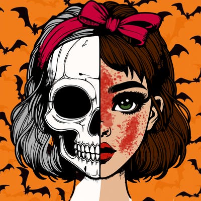 realistic girl with half skull mask
