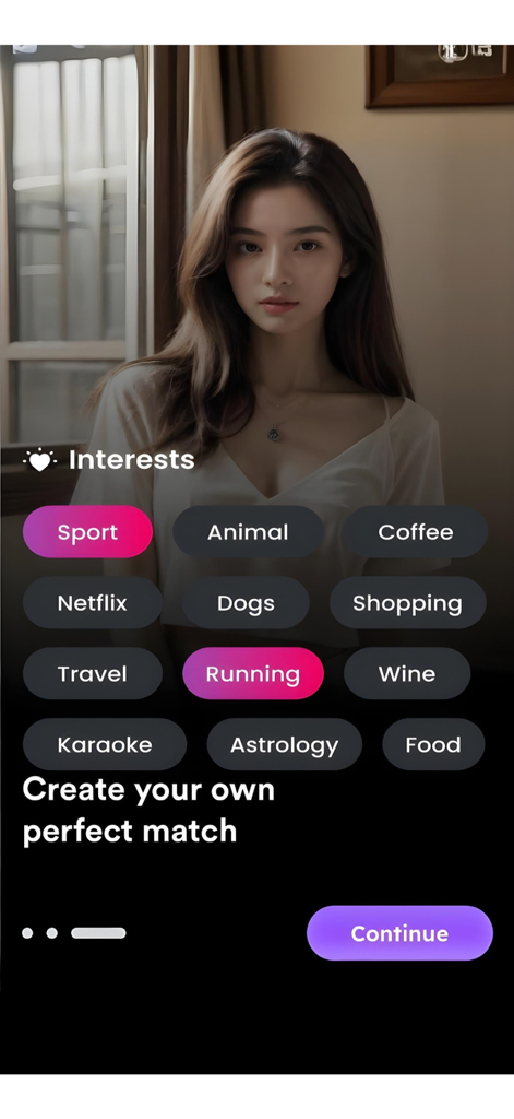 Interfaz de la aplicación AiGirl para elegir intereses como deportes y correr para crear una amiga virtual