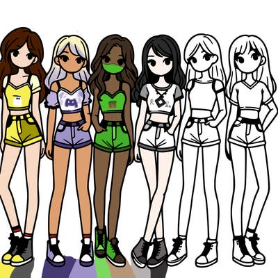 a group of girls wearing crop tops and shorts