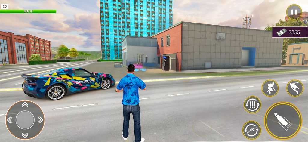 Vegas Gangster Crime Car Games - A character in a blue shirt standing by a colorful sports car in a city street