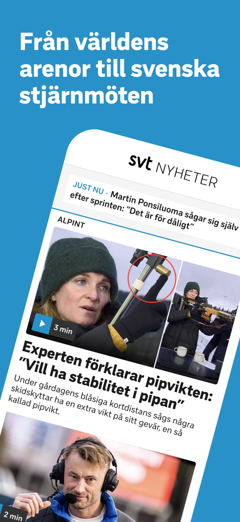SVT Sport - SVT Sport mobile app interface showing Swedish sports news articles and video content