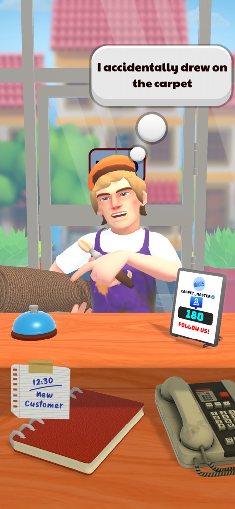 A character at a service counter requesting carpet cleaning in the Clean My Carpet ASMR Washing mobile game.
