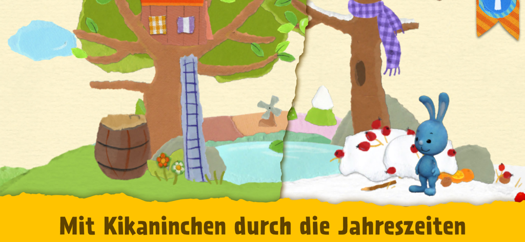 Kikaninchen the blue rabbit in a split-screen view showing summer and winter seasons in a paper-cutout art style.