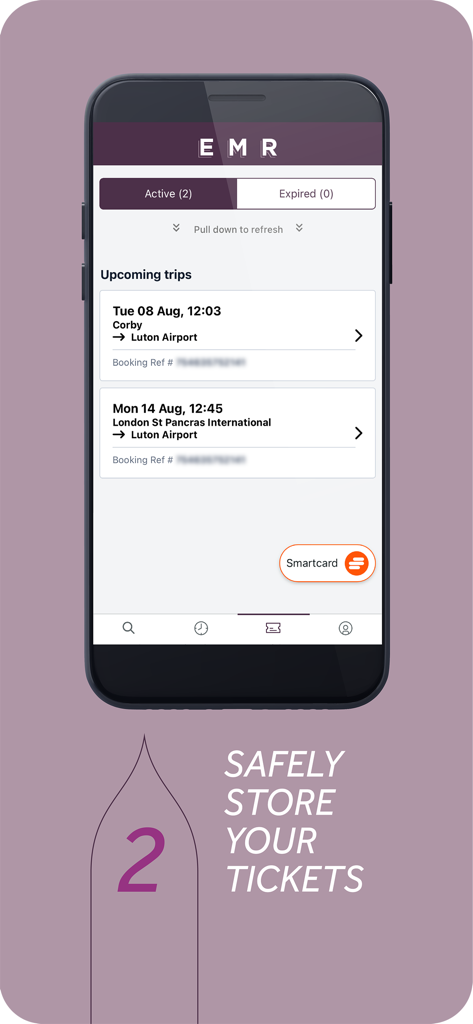 The EMR mobile app showing a list of upcoming train trips and stored e-tickets.