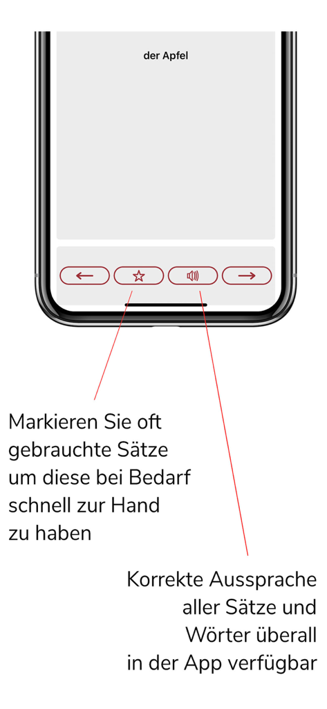 Interface do aplicativo Vokabeltrainer Sursilvan mostrando opções para marcar palavras e ouvir pronúncias de áudio nativo.