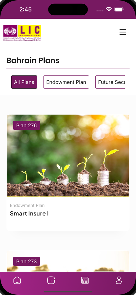 Bildschirm der LIC International App mit Bahrain-Versicherungsplänen, einschließlich des Smart Insure Kapitallebensversicherungsplans