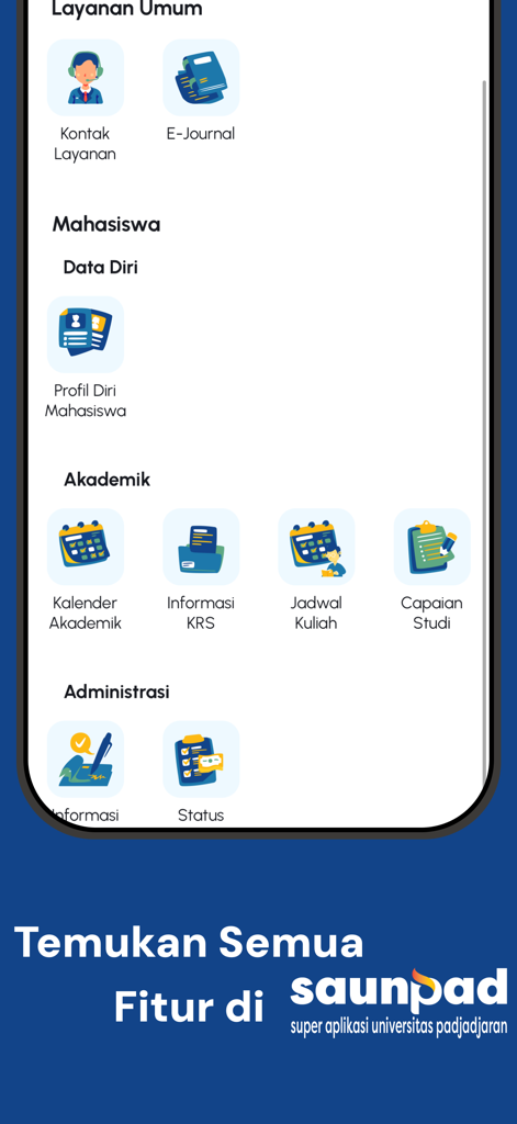 SAUNPAD - Interface of the SAUNPAD app showing student academic and administrative service icons