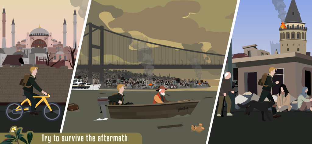 Quakeline - Three hand drawn panels showing a character navigating a destroyed Istanbul by bicycle boat and on foot after an earthquake