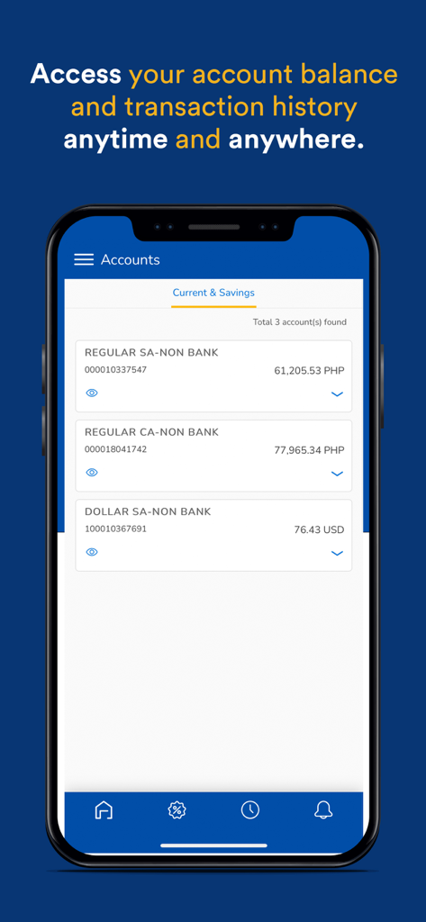 BDO Business mobile app screen showing a summary of current and savings account balances in PHP and USD