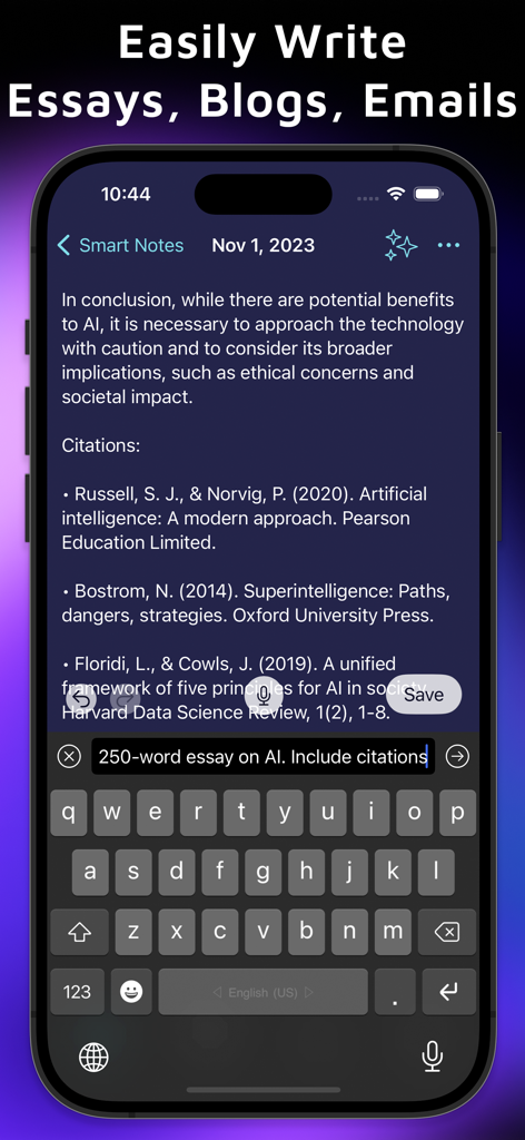 Auri AI Keyboard & Assistant - Auri AI keyboard generating a detailed essay with citations in the Smart Notes feature on a smartphone