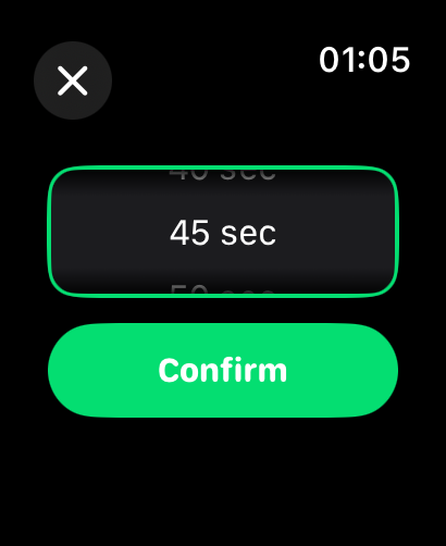 Gym Rest Timer - Flavr Apps - Apple Watch interface showing a 45 second rest timer selection with a green confirm button