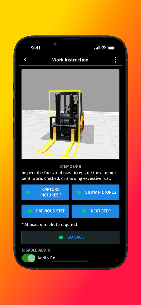 JourneyApps Container - A mobile app screen showing forklift inspection instructions and photo capture buttons