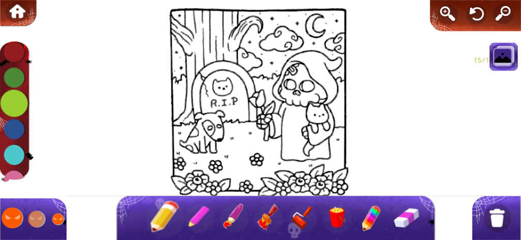 Bobbie Goods Art Coloring Book - Uma página para colorir digital no estilo Bobbie Goods apresentando um ceifador fofo com um gato e um cachorro em um cemitério.