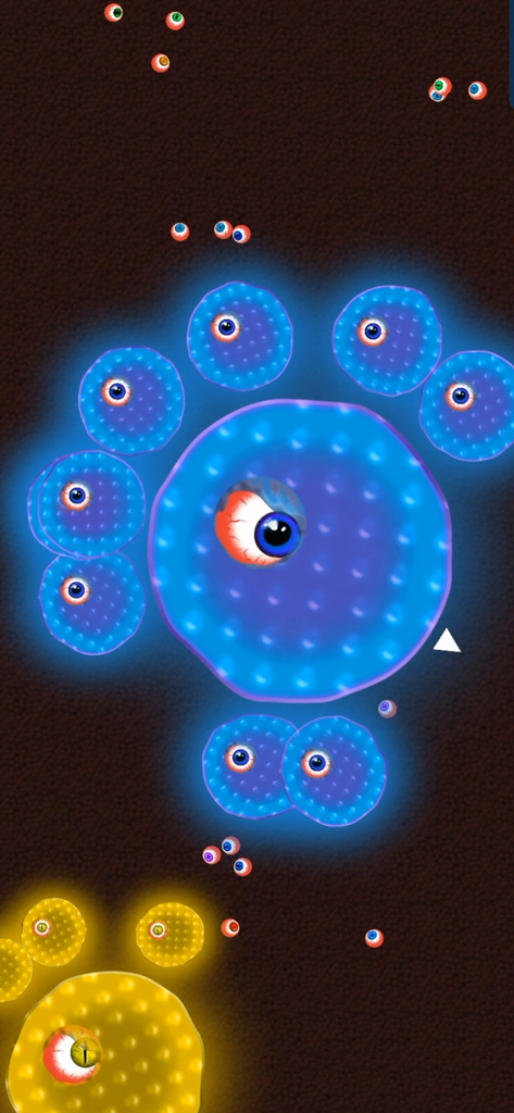 Glowing blue and yellow blobs with eyeballs in Alien Blob io gameplay