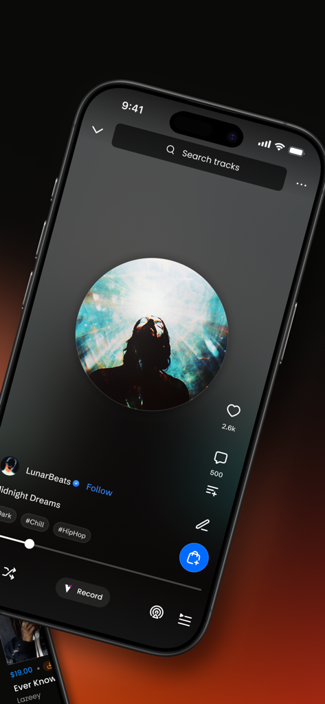 Interface of the BeatStars app displaying a music track with like and comment options.