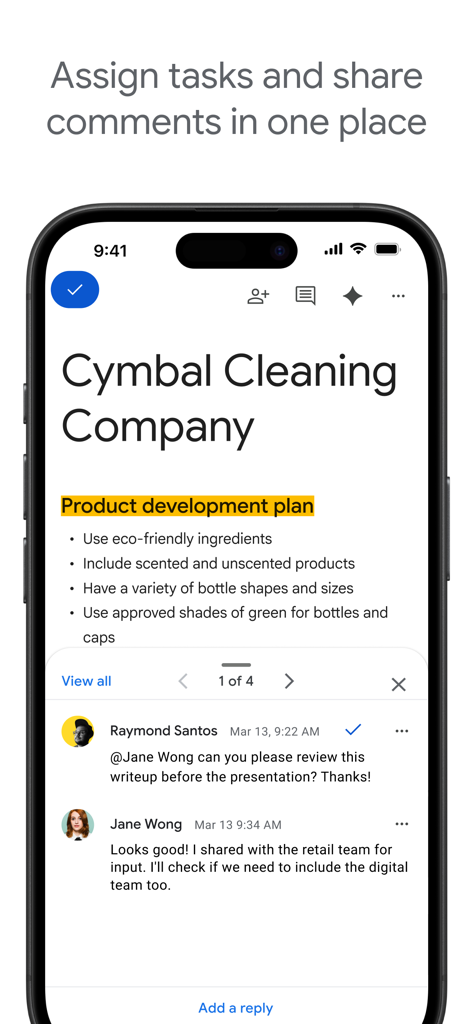A mobile screenshot of Google Docs showing a document with a collaborative comment section and task assignments
