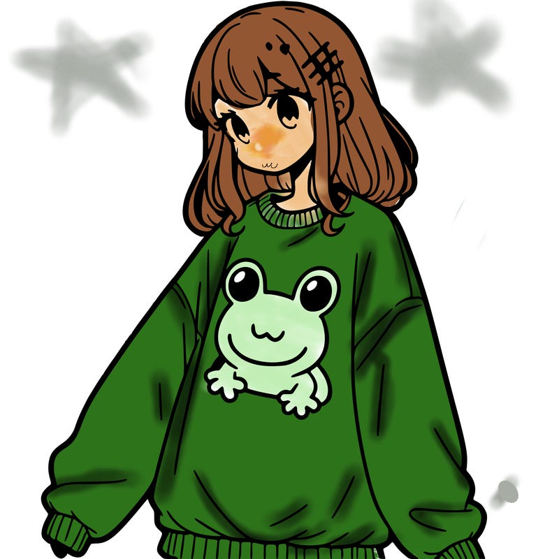 girl wearing frogging sweatshirt