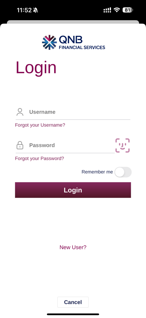 QNBFS Trading - Login screen for QNBFS Trading app with username and password fields