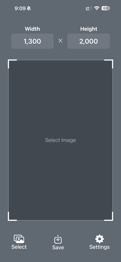 Interface of the Photo Size Editor app showing dimension input fields for width and height