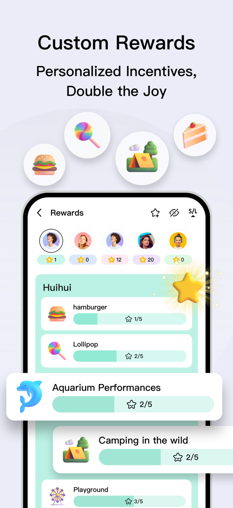 A mobile interface for eCalendar showing custom rewards and progress bars for personalized incentives like camping and aquarium trips.