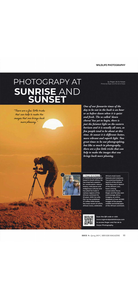 Kruger Magazine - A magazine article about wildlife photography at sunrise and sunset featuring a photographer silhouetted against a golden sky