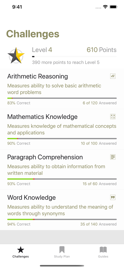 Screenshot of the Challenges dashboard in the U.S. Army ASVAB Challenge app showing study progress, levels, and points.