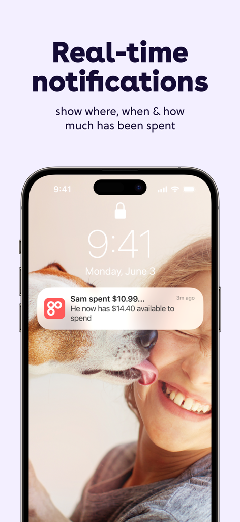 GoHenry by Acorns Kids Banking - An iPhone lock screen displaying a real-time spending notification from the GoHenry app showing a child's recent purchase and remaining balance.