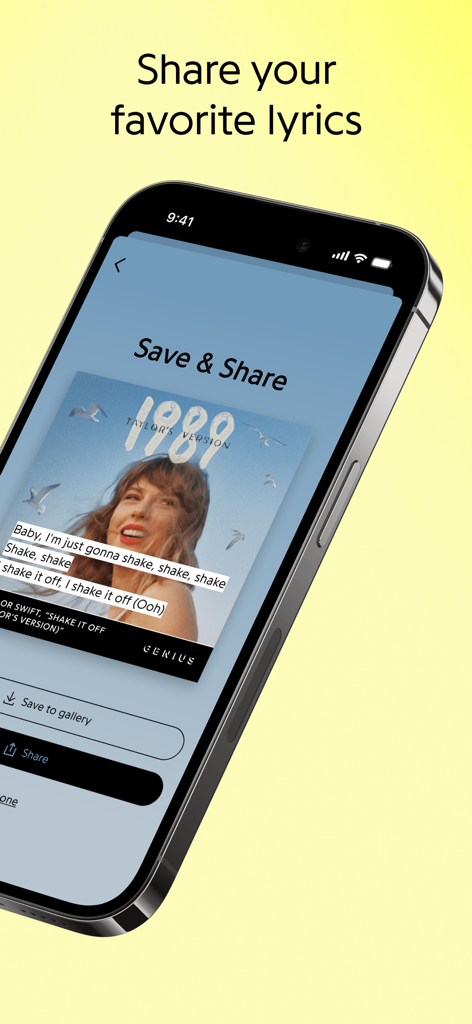 A mobile phone screen showing the Genius app feature to save and share highlighted lyrics from a Taylor Swift song.