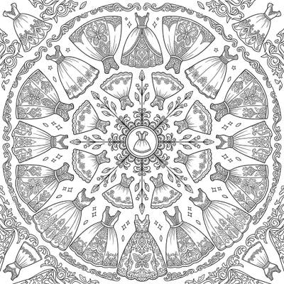 Dive into a world of fashion and tranquility with this exquisite adult coloring page. This intricate mandala design is artfully crafted from a collection of elegant dresses, offering hours of mindful creativity.
