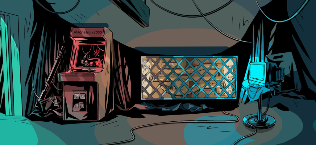 Parallel Experiment - Une pièce style bande dessinée noir avec une borne d'arcade et une grille métallique.