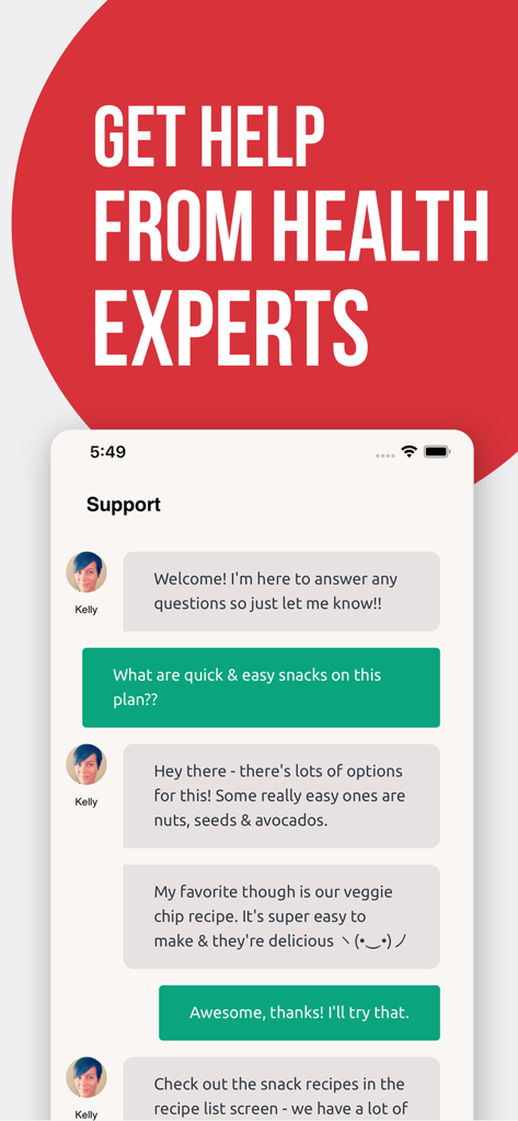 Schermata di supporto dell'app Dieta DASH con una chat con un consulente sanitario per consigli personalizzati sulla pianificazione dei pasti.