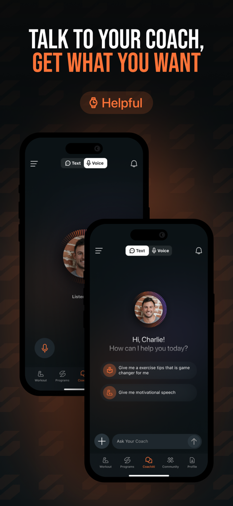 SHRED: Gym & Home Workouts - Ein mobiler App-Bildschirm, der die SHRED-KI-Coach-Oberfläche mit Sprach- und Text-Chat-Optionen für personalisierte Fitnessanleitungen zeigt