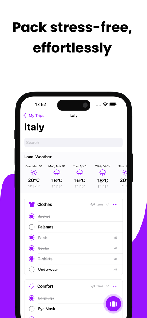 Packing List - Packy - Une liste de bagages de voyage et les prévisions météorologiques locales pour l'Italie affichées dans l'interface de l'application mobile Packy.