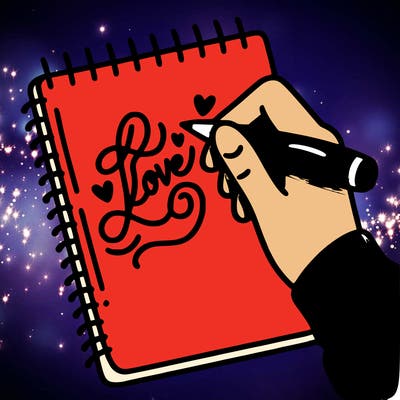 a hand writing “love” in calligraphy on a notebook
