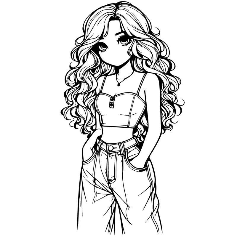 realistic girl with a cute crop top,baggy jeans, wavy hair , standing