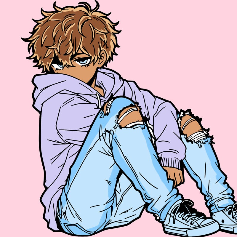 a male hoddie ripped jeans messy hair anime