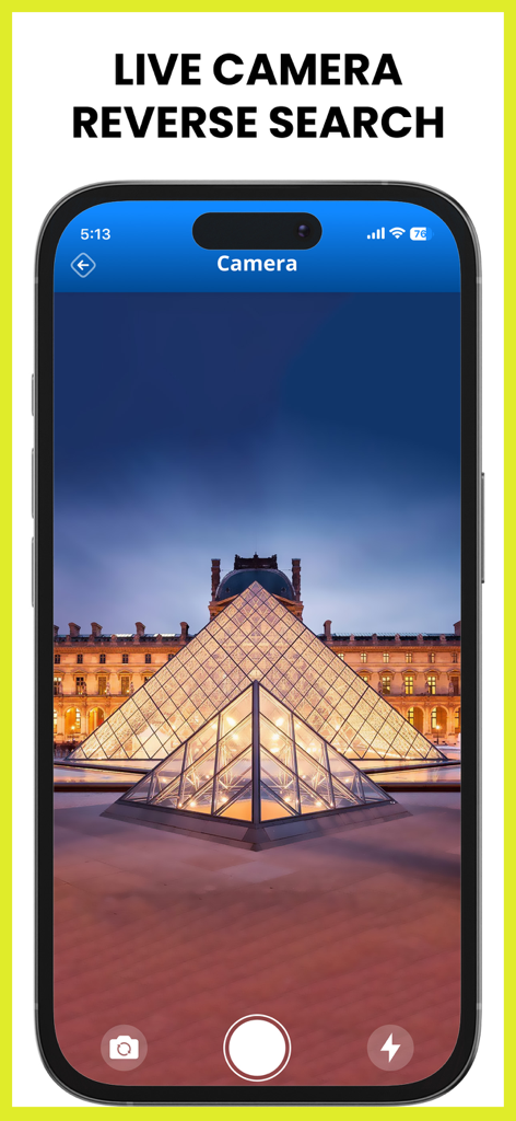 Image Search - Reverse Image - Smartphone screen showing a live camera reverse image search identifying the Louvre Pyramid