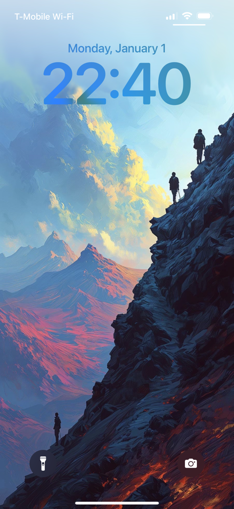 Art Blast - Wallpapers 4K - iPhone lock screen featuring a 4K artistic wallpaper of hikers on a mountain ridge