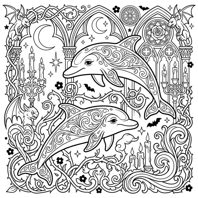 Discover a truly unique coloring experience with these two ornate dolphins swimming through a captivating Gothic-inspired summer scene. This intricate design blends marine wonder with mystical architecture, offering a fascinating escape for colorists.